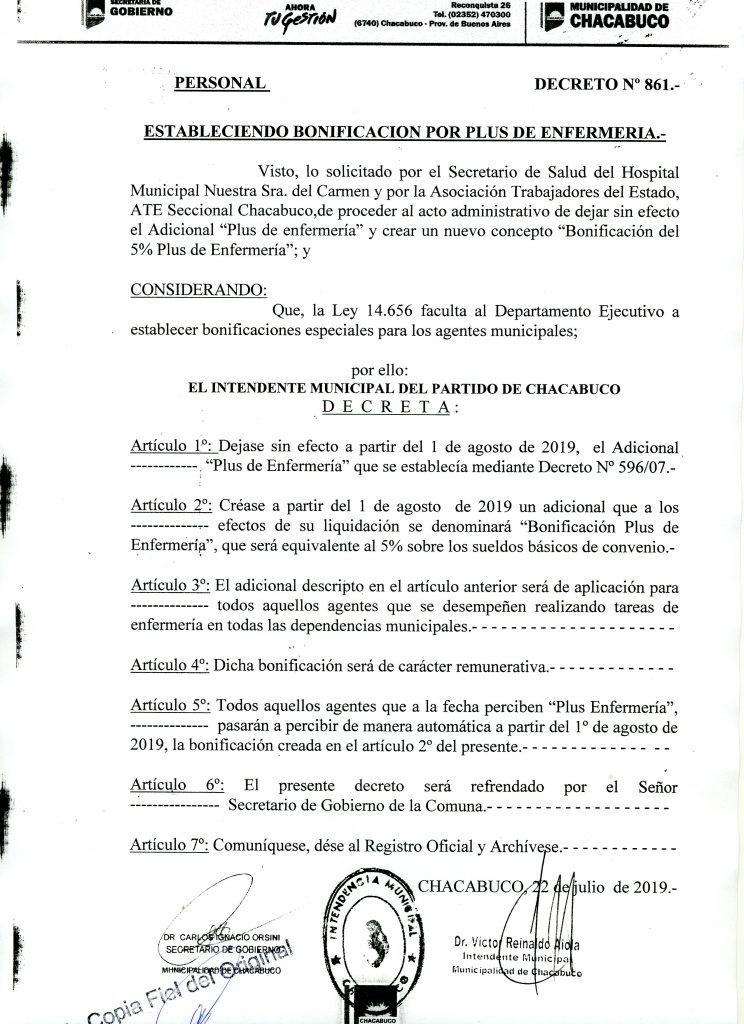 Decreto firmado por el Intendente Municipal, Víctor Aiola