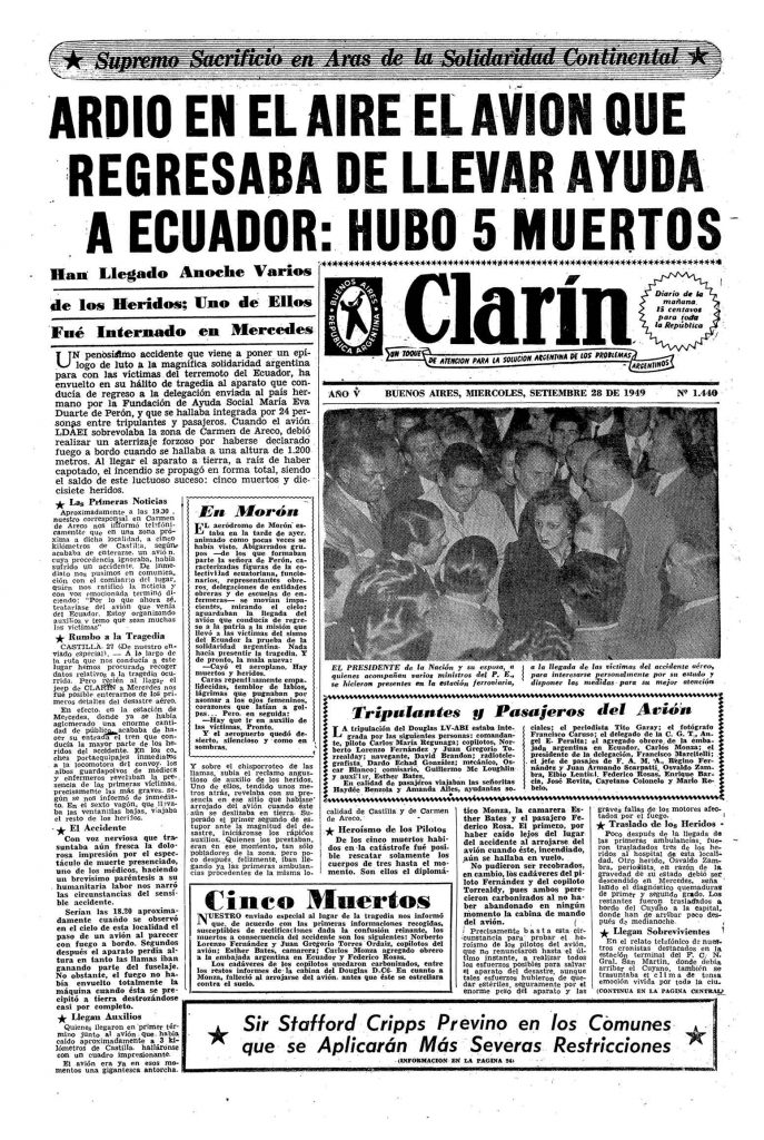 Tapa diario Clarín del 28 de septiembre de 1949