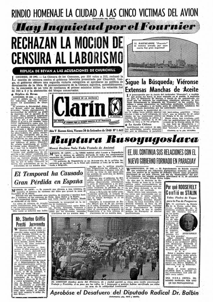 Tapa diario Clarín del 30 se septiembre de 1949