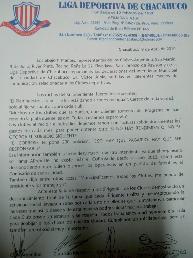 Nota de repudio al Intendente Municipal, Víctor Aiola