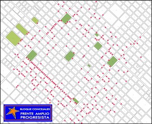 Mapa de Chacabuco con los baches marcados en rojo.