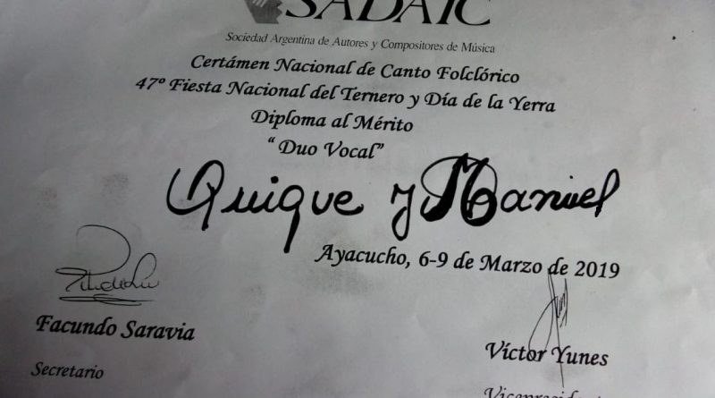 Diploma al Mérito recibido por el dúo "Los Salteños" en Ayacucho